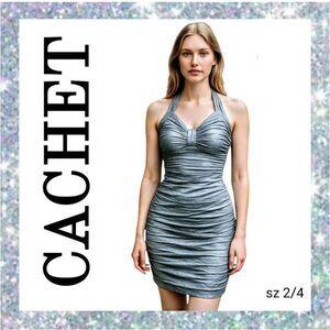 Formal Cocktail Dress Shiny Light Metallic Blue Halter Gathered Tight Bodycon